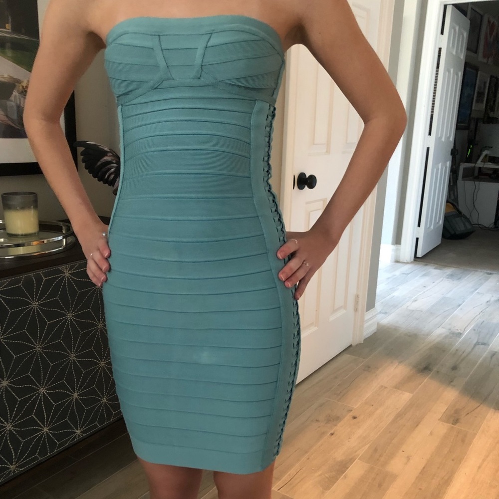 Herve Leger XXS Bodycon Strapless Turquoise Dress